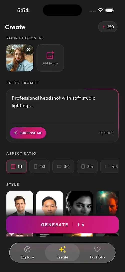 SelfAI AI photo studio app create screen with prompt and style options